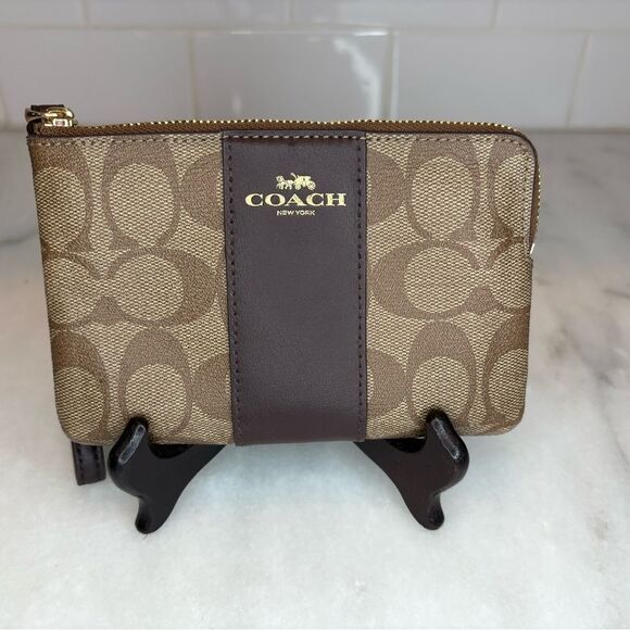Coach Signature Brown and Tan Wristlet - Picture 1 of 11